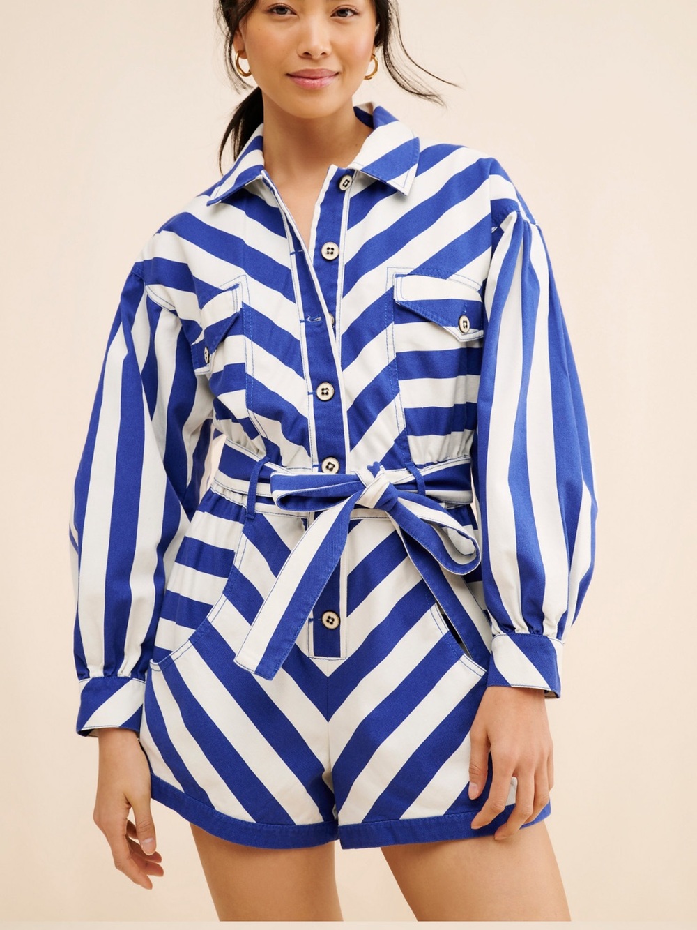Farm Rio Blue and White Striped Romper